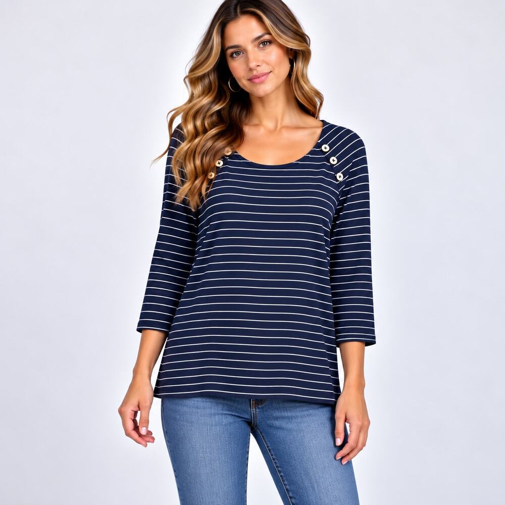 Susan Graver Liquid Knit Blouse Women's Size XL Navy Striped Casual Office NWOT